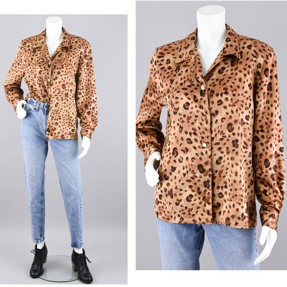 Vintage 90s Animal Print Silky Polyester Blouse 44" Bust - Picture 1 of 10